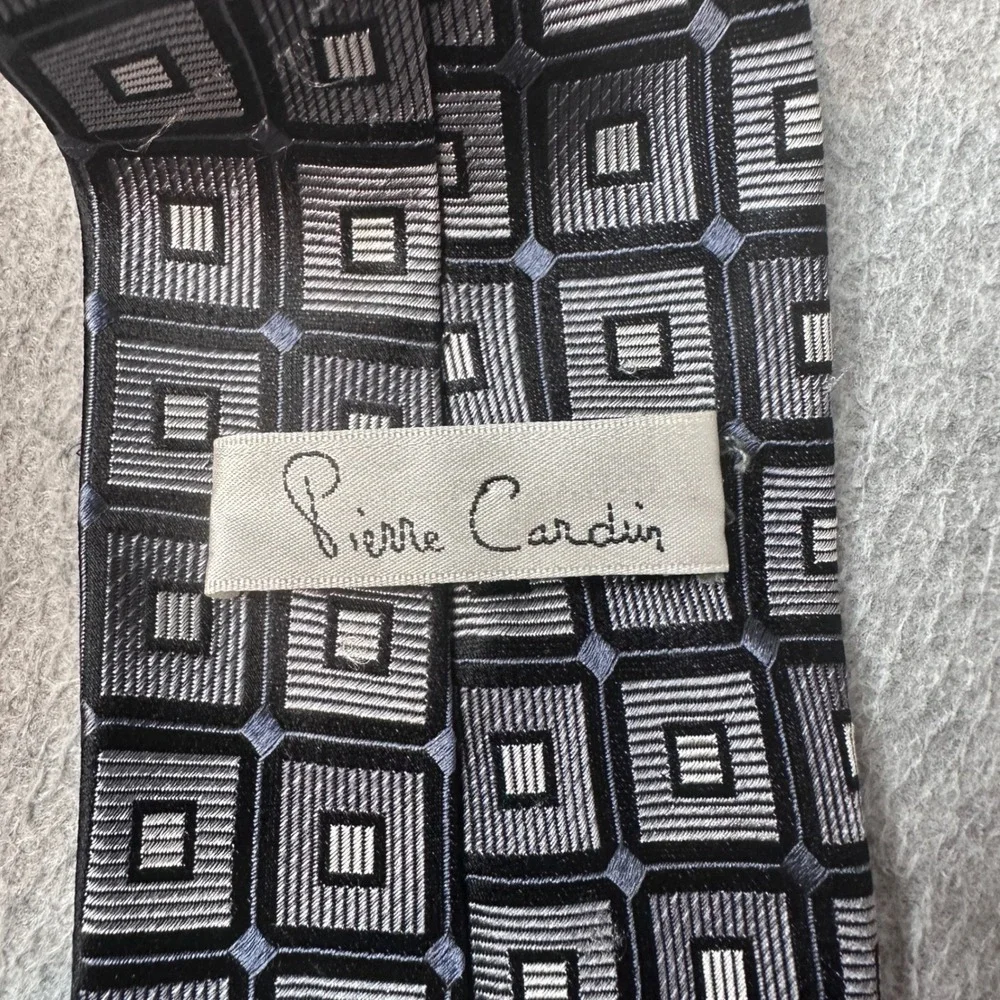 Pierre‎ Cardin Necktie Mens One Size Black Grey Geometric Square 100% Silk Tie
